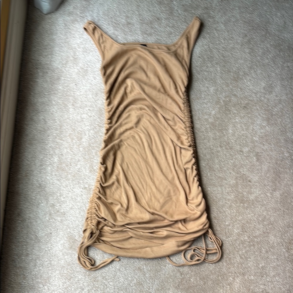 Tan Ruched Sleeveless Dress